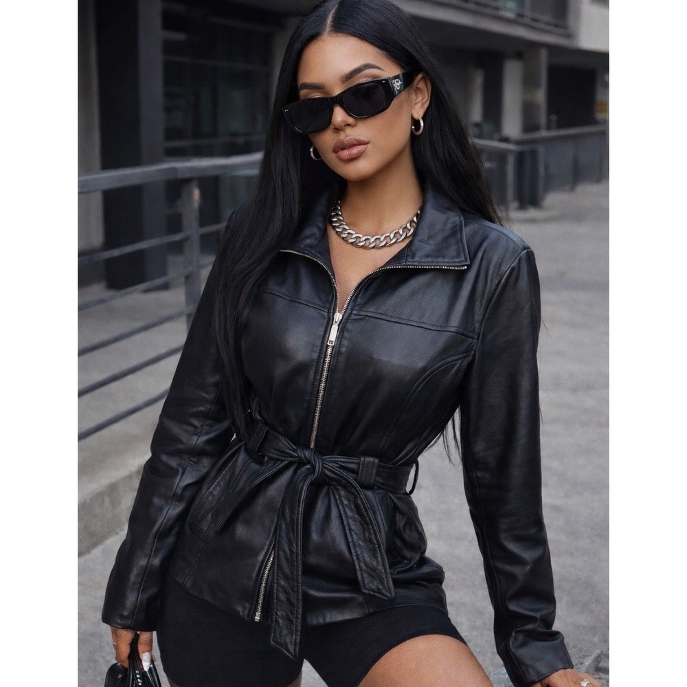 Classic Black Leather Zip Belted Jacket